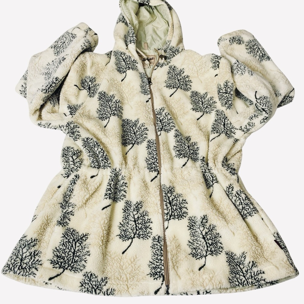 VTG Woolrich Full Zip Hooded‎ Fleece Jacket Women's SZ XL All Over Leaves Trees